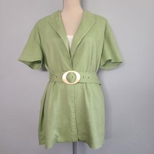 Song of Style Linen Blend Green Peak‎ Lapel Button Front Short Sleeve Belted Med